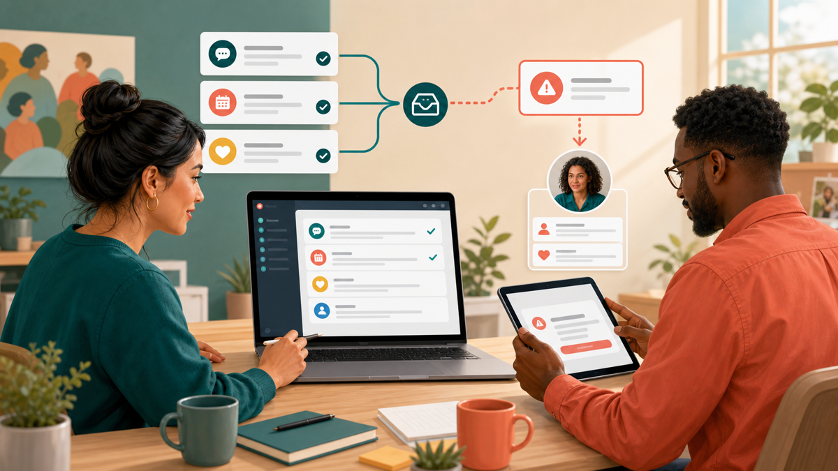 Two volunteers review a community message workflow and route a sensitive question to a person