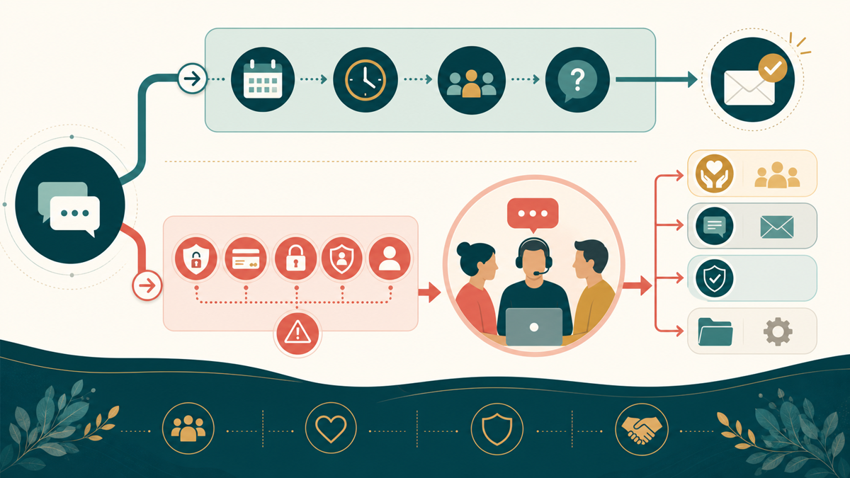 Routine community questions and sensitive requests split into acknowledgement and human-review paths